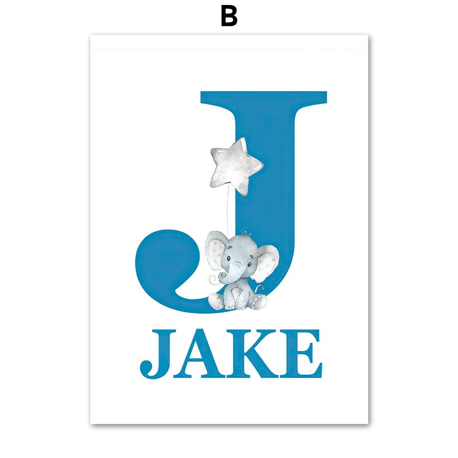 Blue Gray Elephant Moon Stars Nursery Wall Art Custom Boy Name Canvas Painting Poster And Print Baby Shower Gift Kids Room Decor