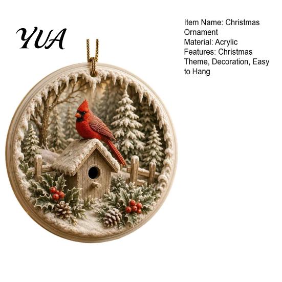 Lightweight Christmas Decor Acrylic Red Bird Ornament, Snow Scene Pattern Xmas Tree Festive Wall Door Hangings Hanging Decor, Retro Round Pendant for