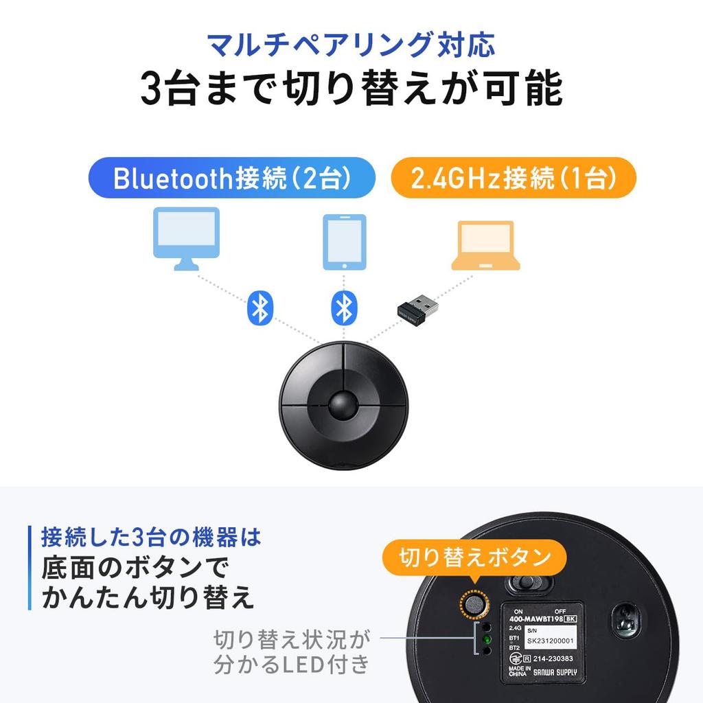Sanwa Direct UFO Bluetooth Mouse with Battery Mouse, USB-A Receiver, Wireless, Slim, Compact, Portable, Multi-Pairing Support, Operated, Black,