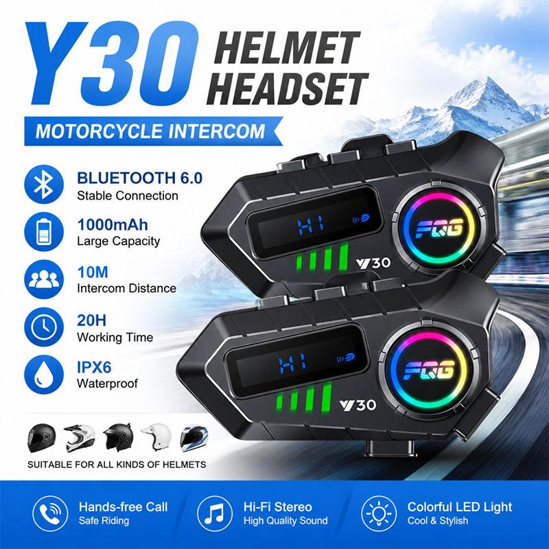 Y30 Bluetooth 6.0 Helmet Intercom Headset Handsfree 1000mAh Battery With LED Flash Light For 2 Riders 10m Talkinng