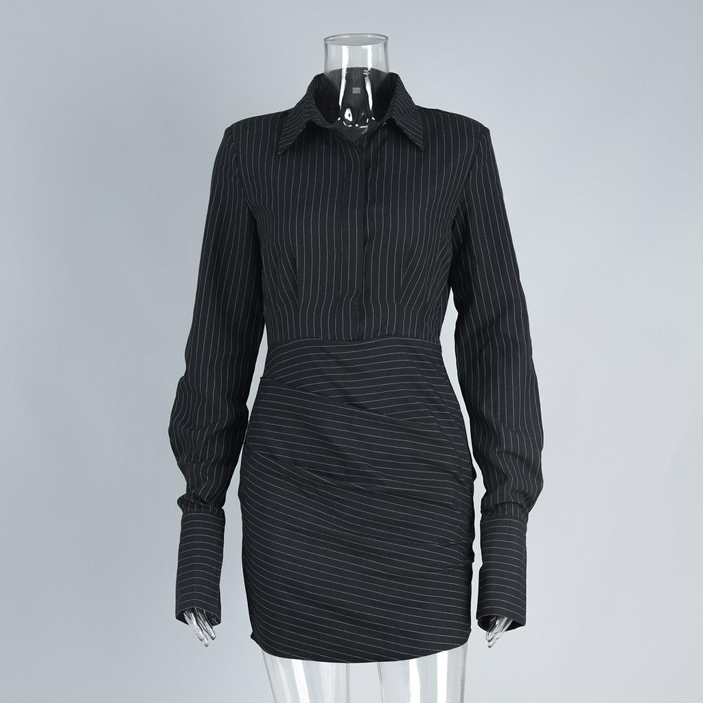 Striped long-sleeved shirt dress, European and American spring and summer new mini hip skirt, slim dress women