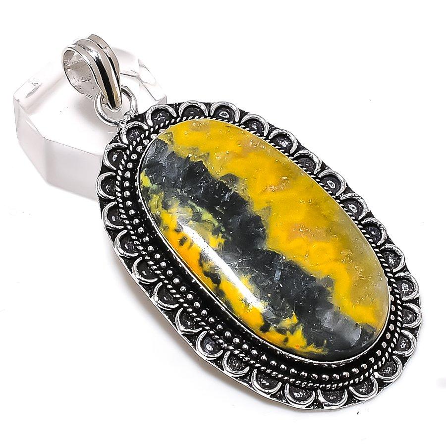 Bumblebee Jasper Gemstone Handmade 925 Sterling Silver Gift Pendant 2.68" I2i13