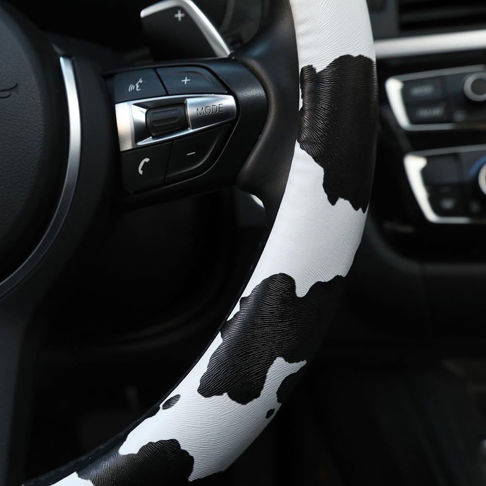 Cow Pattern Steering Wheel Cover, Universal 15 Inch Breathable Microfiber Leather Car Steering Wheel
