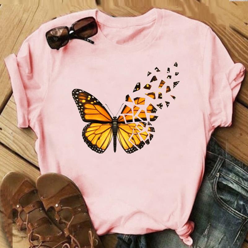 (Asian Size)Tee Top Butterfly Lovely Style Cute 90s Clothing Casual Short Sleeve Women Print Lady Fashion T Shirt Female Graphic T-shirt