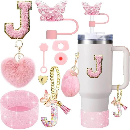 9PCS Accessory Set for Stanley Cup 30oz 40oz Butterfly Straw Cover Cap Silicone Boot Charm Initials Sticker Spill Proof Stopper Cup Holders 5