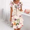 Spring Chic Floral Print Chiffon Dress Woman Elegant Crew Neck Tierred Pleated Dress Summer Short Sleeve A-Line Party Dress