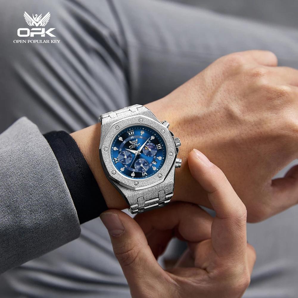 Waterproof Mens Chronograph Watches Steel Strap Moon Phase Calendar Frosted Metal Casual Wrist Watch