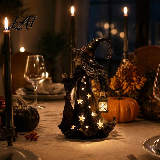 Rustic Festive Desk Accessory Halloween Witch Figurine with Star Light Resin Tabletop Nightlight Lantern Vintage Theme Party Prop Wizard Hat