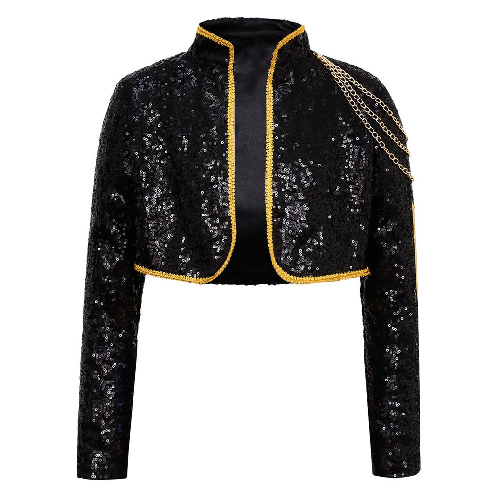Shiny Sequins Stage Jacket for Girls, Long Sleeve Singer Cosplay Costume with Braided Trimming & Chains for a Complete Look