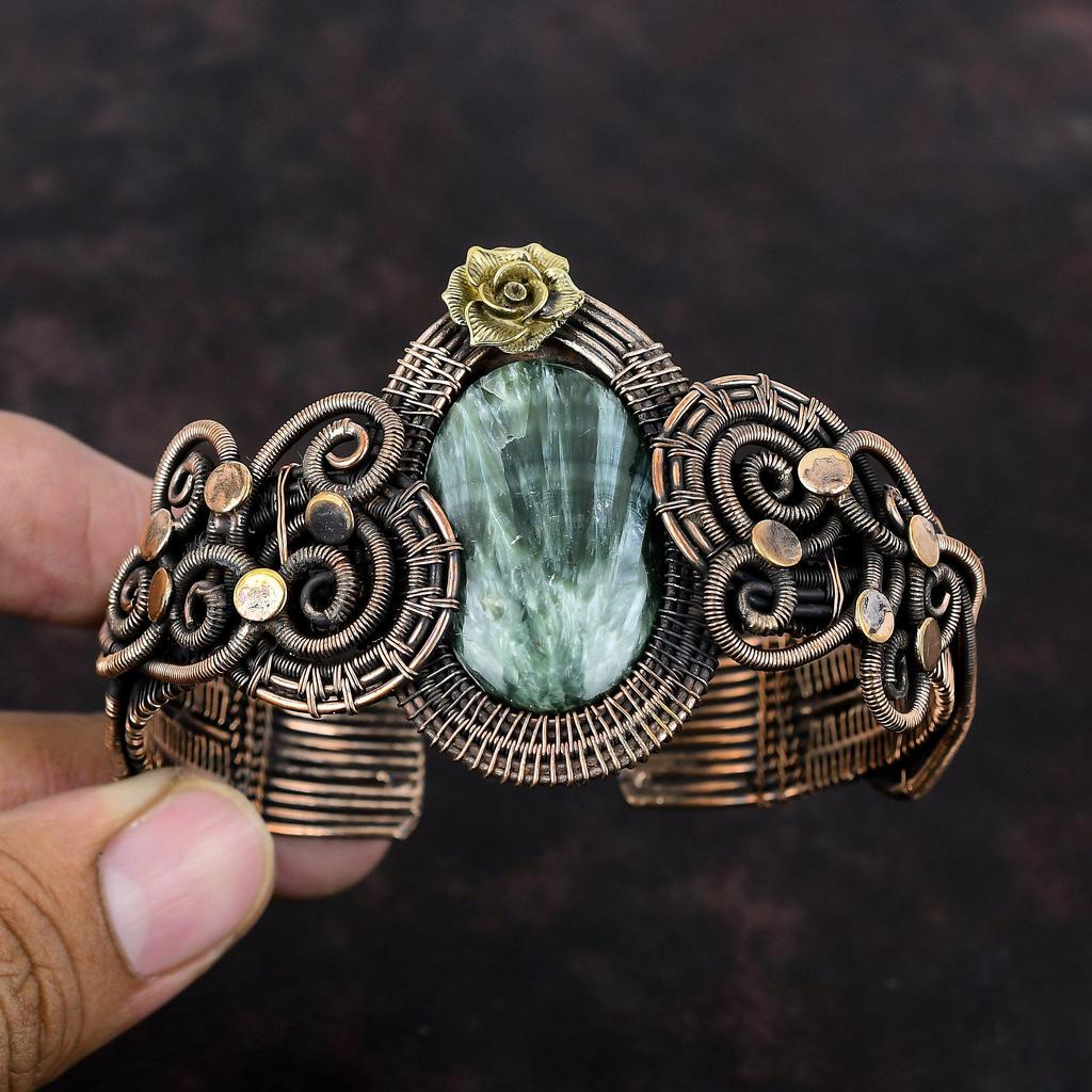 Seraphinite Cuff Bracelet Copper Wire Wrapped Bangle Natural Gemstone Jewelry Handmade Cuff Bracelet Wedding Gift Flower Adjustable Bangles
