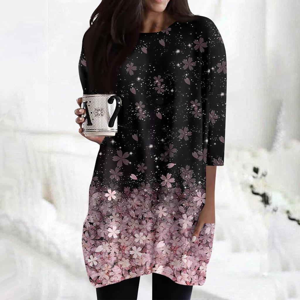 Женские повседневные рубашки с рукавами 3/4, модные туники с принтом, топы с карманами