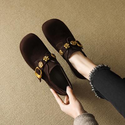 Огромный и красивый~! Матовые ретро золотая пряжка толстый каблук лоферы одинарная обувь женская средний каблук бабушкины туфли