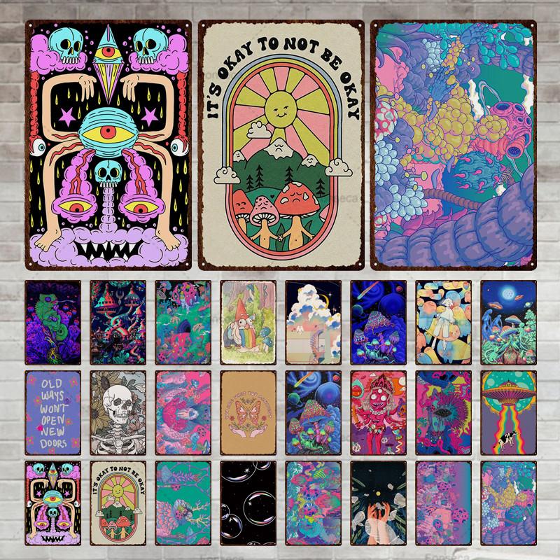 Цветная странная планета, металлическая вывеска, ретро жестяная вывеска, металлический ретро-бар, ретро украшение стены, бар, клуб, человек, отверстие, металлический плакат