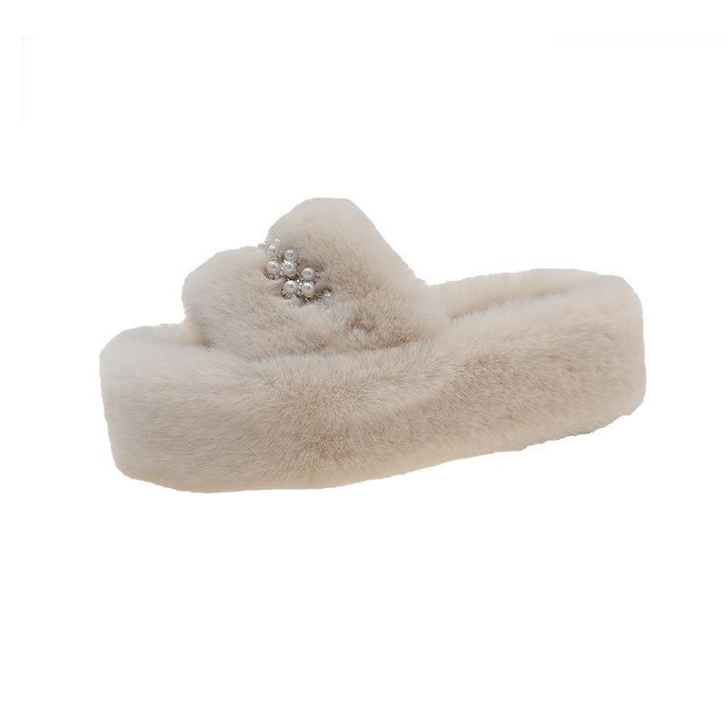 Осень и Зима Новые Жемчужные Сказочные Меховые Тапочки Милые Домашние Толстая Подошва Старшие Меховые Тапочки