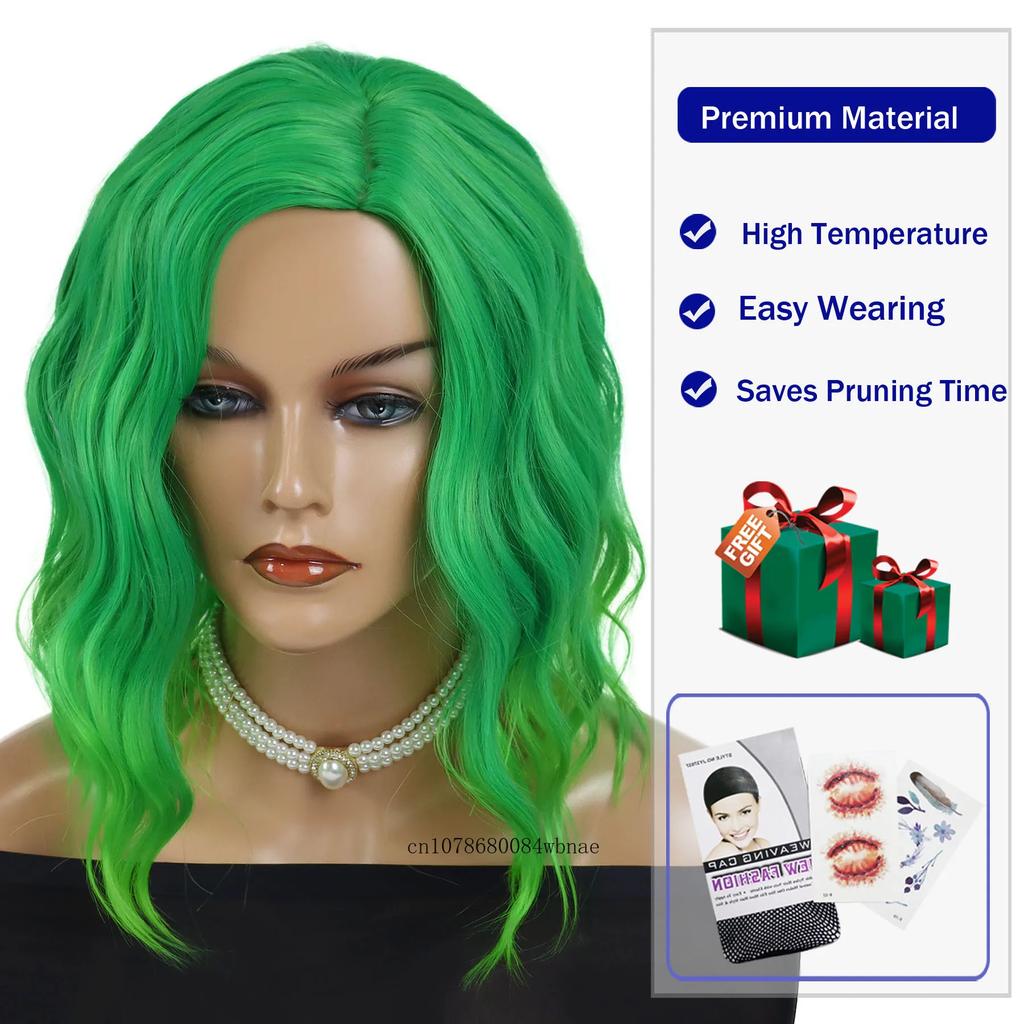 Synthetic Hair Green Wigs for Women Short Curly Wavy Wig with Side Part Bangs Heat Resistant Girls Party Halloween Cosplay Wig