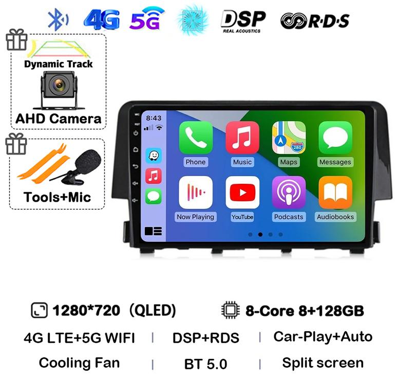 Android 14 Беспроводной Carplay Auto Для Honda Civic 2016 2017 2018 2019 2020 Автомагнитола Стерео Мультимедийный Плеер GPS 4G+WIFI DSP