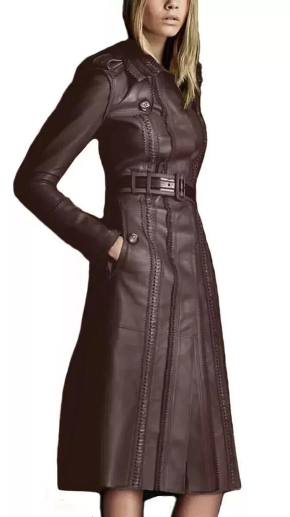 Stylish Long Trench Coat Genuine Lambskin Overcoat Formal Design Women's Leather