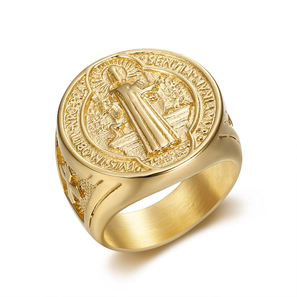 Хип-хоп позолоченный St. Кольцо из титановой стали Benedict для мужчин, модные религиозные украшения