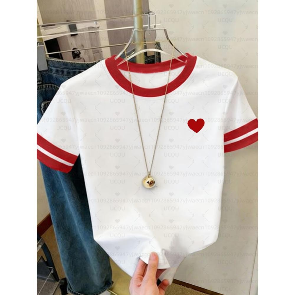 Summer Women Short Sleeve T-Shirt Girl Round Neck Tee Outdoor Sports Adult Valentines Day Red Heart Print T-Shirt Tops