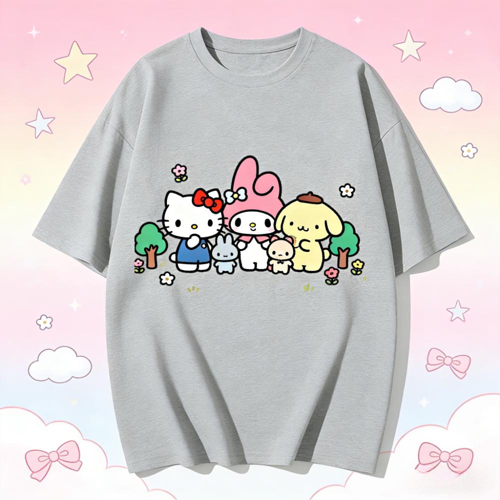 Летняя Милая Футболка с Групповым Принтом Персонажей Sanrio Повседневная Футболка с Коротким Рукавом для Мамы и Дочери Милый Семейный Комплект Одежды Топ
