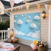 A 2D flat printed dreamy sky background with stars, made of polyester fabric.