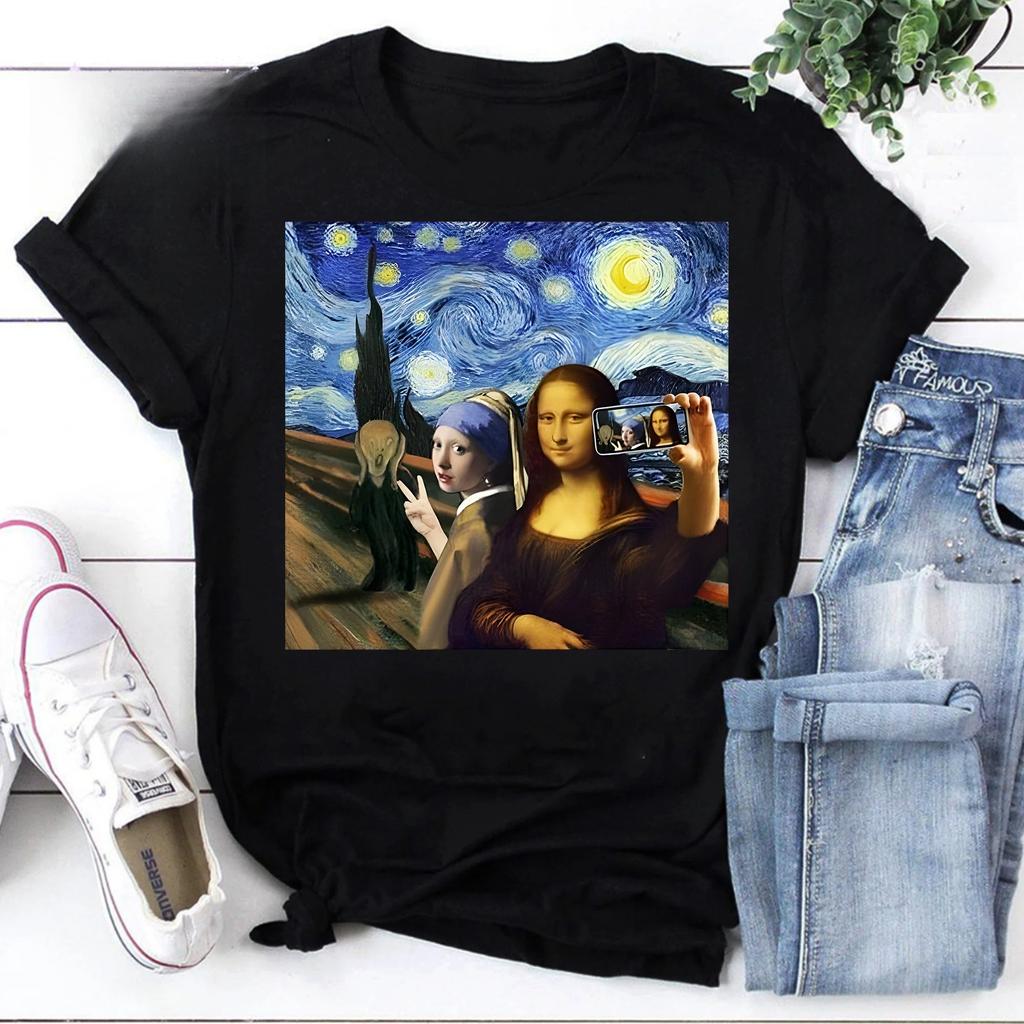 Mona Lisa Scream and Selfie Starry Night Van Gogh Vintage Tee Starry Night Shirt Mona Lisa Shirt, Funny Mona Lisa Van Gogh Shirt