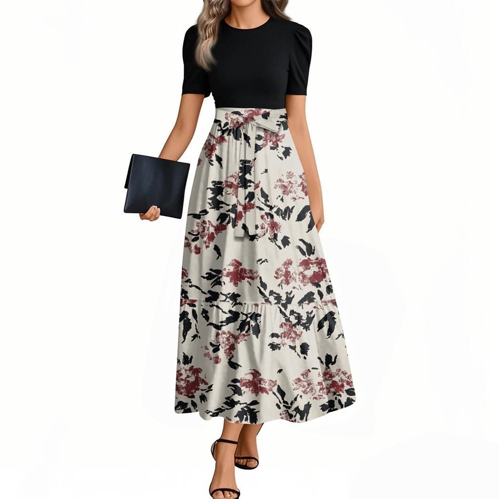 Женское модное повседневное платье с коротким рукавом и круглым вырезом с цветочной вышивкой, элегантное, темпераментное