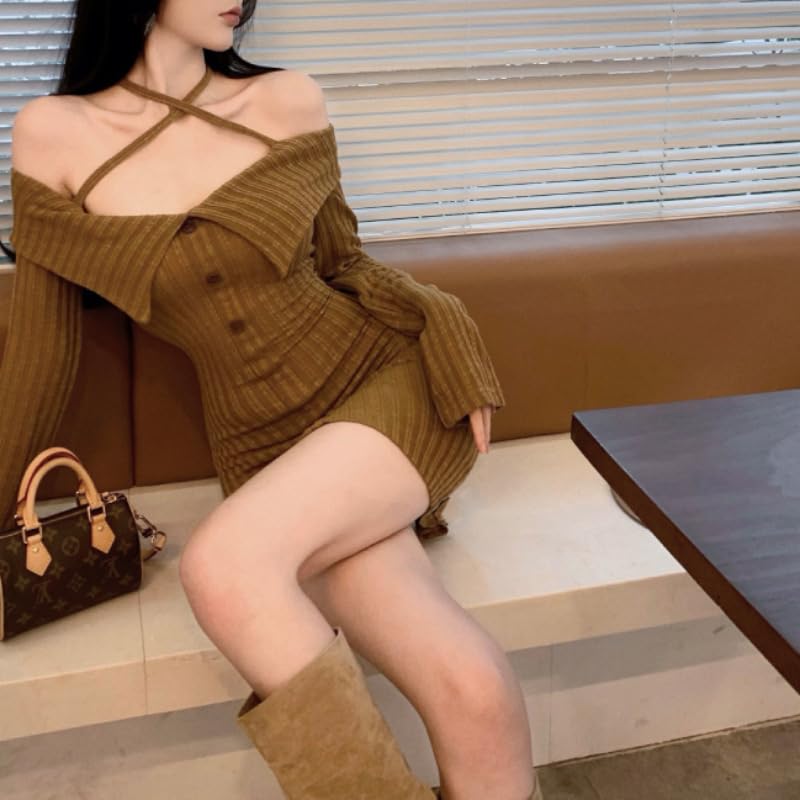 Coco Yuka Tight Ribbed Knit Sexy Mini Long Cute Size & Off-the-Shoulder Dress, Off-the-Shoulder, Sleeves, Women's, Casual, Fall/Winter,