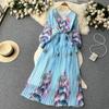 French Chic Dress for Women V-neck Plant Printed Lantern Sleeve Pleated Long Dresses Autumn Dress Female A-line