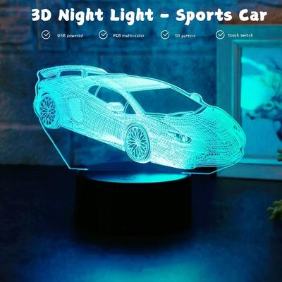 USB акриловый 3D ночник в виде спортивного автомобиля, сенсорный 7-цветный, настольная декорация с тематикой гоночной вечеринки для спальни, атмосфера, подарочный свет.