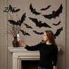 Indoor Outdoor Holiday Ornaments 48Pcs Halloween Bats Wall Decor, LED Light Up Bats, 12 Lights with Remote, Glowing Bat Decals 6 Sizes 3D Stickers for