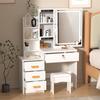 Vanity Desk with LED Lighted Mirror Makeup Mirror, Table 4 Drawers and Opening Shelves, Bedroom Dressing Stool