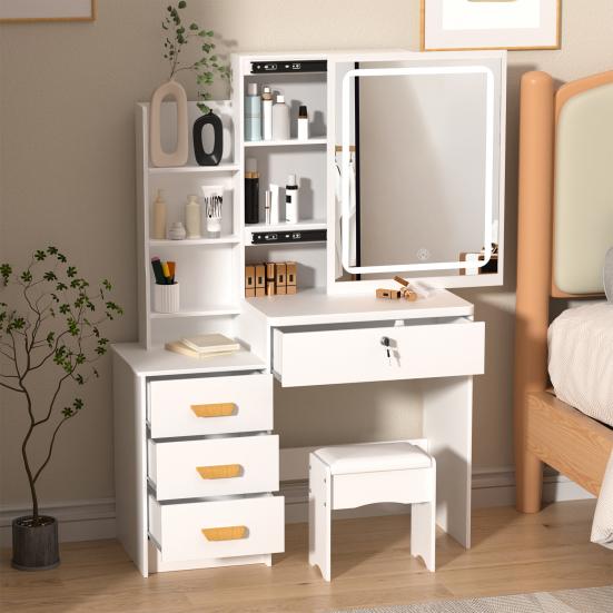 Vanity Desk with LED Lighted Mirror Makeup Mirror, Table 4 Drawers and Opening Shelves, Bedroom Dressing Stool