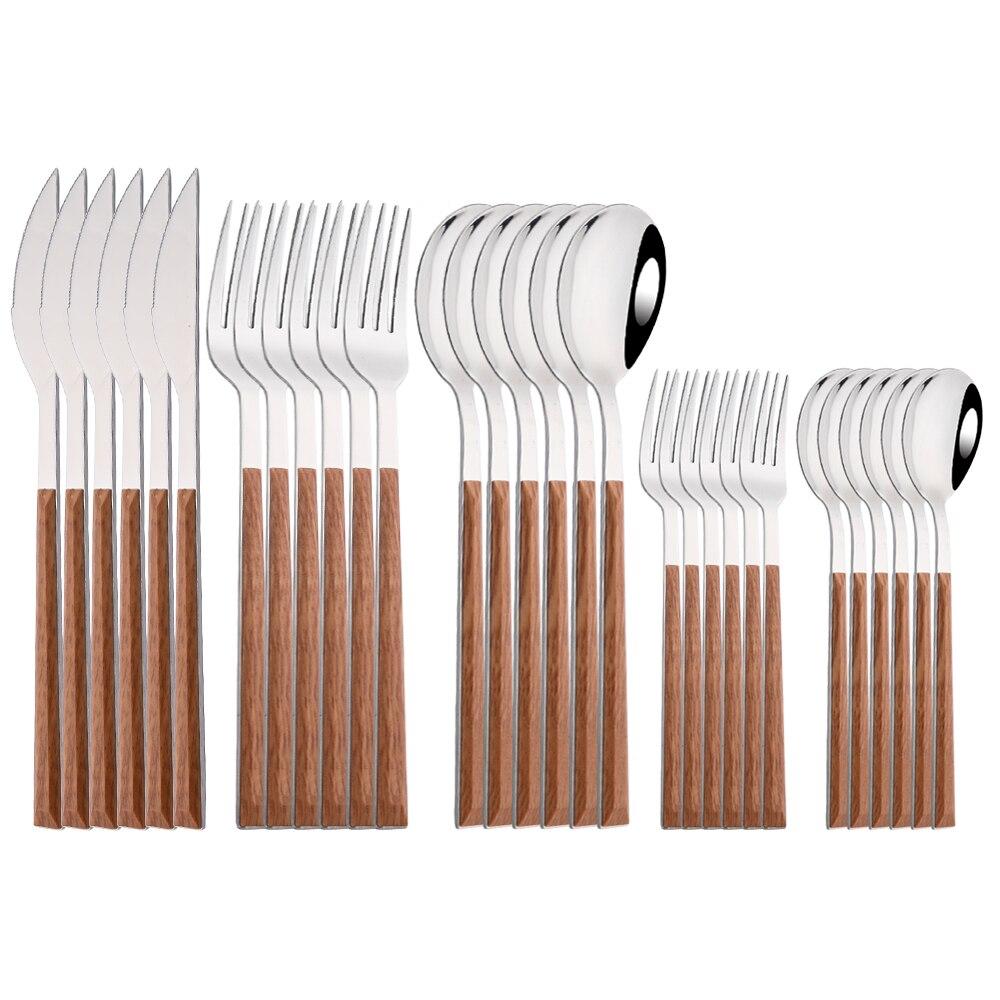 6pcs/30pcs Stainless Steel Dinnerware Cutlery Set Flatware Set with Imitation Wooden Handle Tableware Knife Fork Tea Spoon Eating Utensils