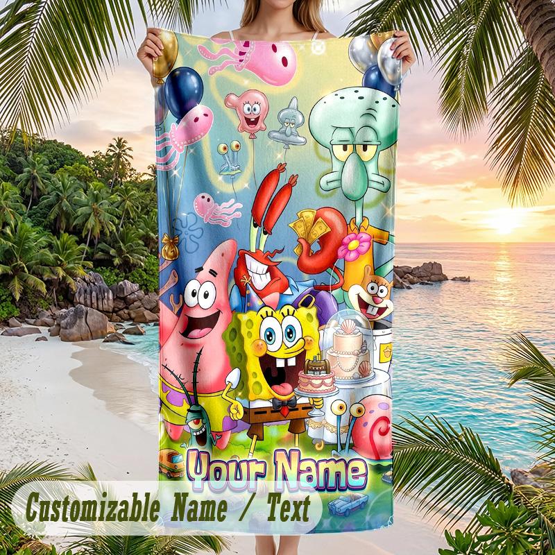 SpongeBob Beach Towel, Personalized Custom Text, Quick Dry Soft Large Towel For Swimming Pool Travel
