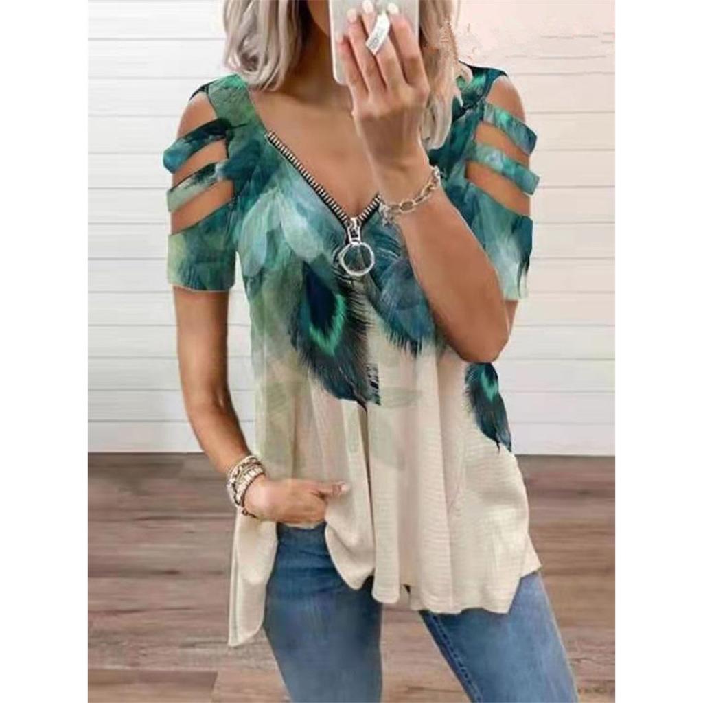 Summer Ladies T-Shirt V-Neck Short Sleeve Cold Shoulder Leopard Print Zipper Loose Casual Sexy Clothes Blouse Tops for Women