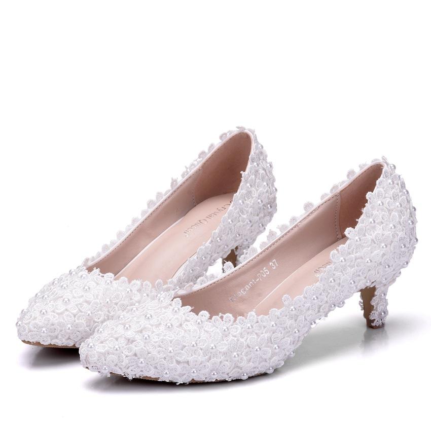 Fashion Wedding Pumps Flower Pearl Pointed Toe Shallow PU 5CM Thin High Heels Princess Pointed Toe Platform Heels Women Shoe