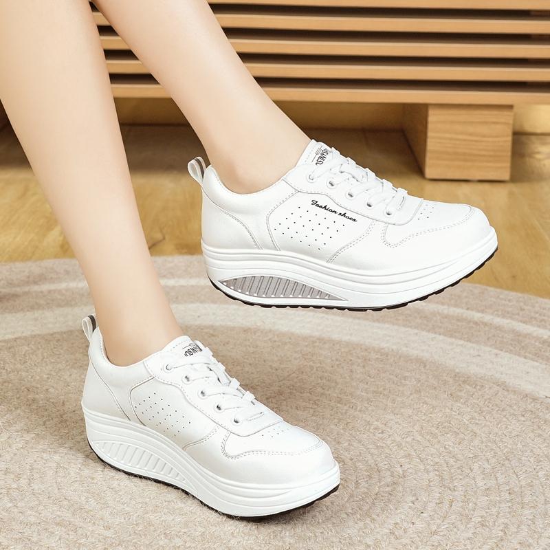 Women's Height Increase White Leather Wedge Sneakers Casual Thick Sole Loafers Girls Minimalist Maternity Shoes