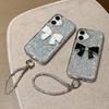 For iPhone 16 Case Large Bowknot Electroplated Glitter Epoxy Shockproof Phone Cover with Strap - White