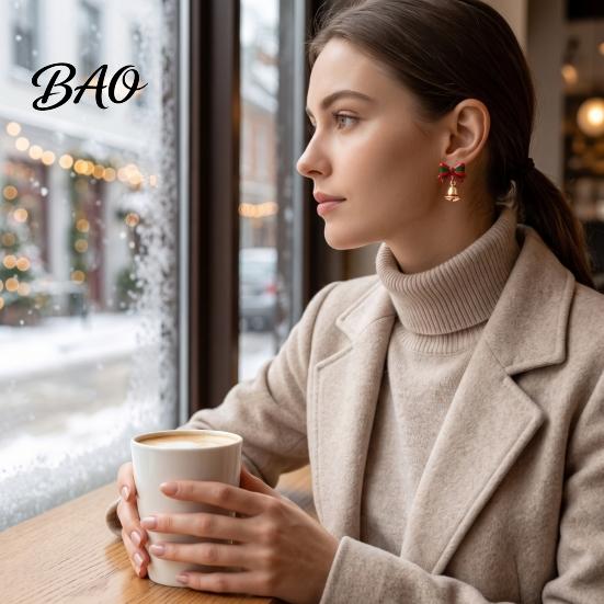 Festive Alloy Ear Accessories 1 Pair Christmas Earrings for Women, Santa Claus Jingle Bell Bow Oil Dripping Jewelry Stud Earrings, Holiday Xmas Party,