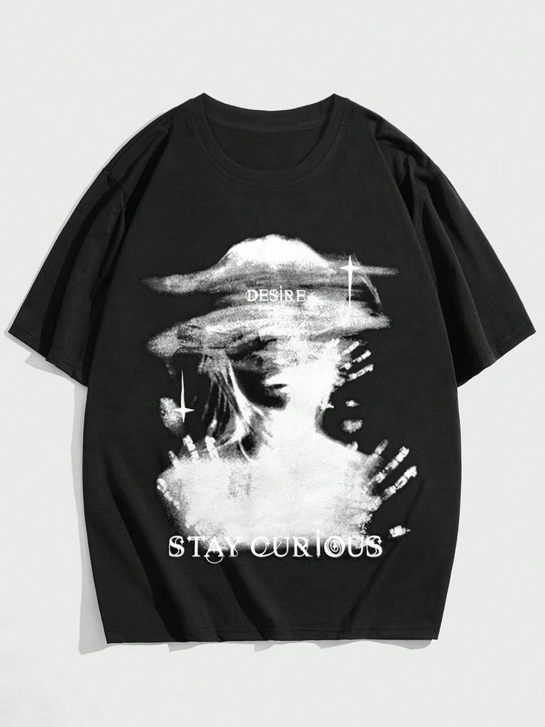 ROMWE Гранж Панк Мужская футболка большого размера с принтом портрета