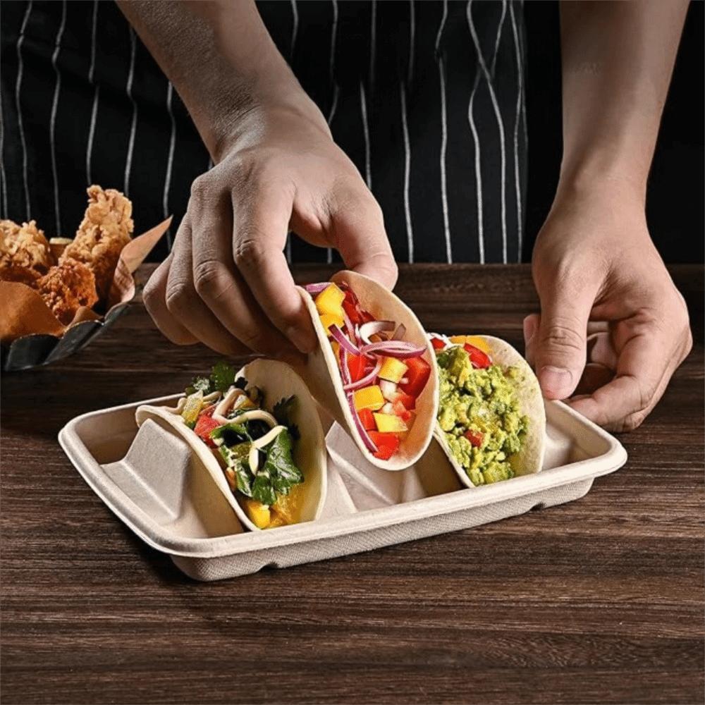 50Pcs Biodegradable Taco Holder 3 Compartments Taco Serving Tray Disposable Taco Plates Restaurant