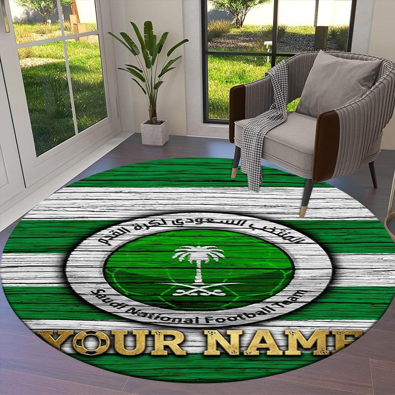 Saudi Football Crest Custom Name Round Area Rug Carpet Rug For Living Room Bedroom Sofa Playroom Decor Nonslip Floor Mat