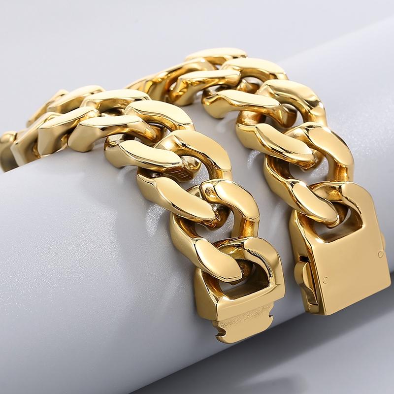 32mm Waterproof Gold Color Stainless Steel Metal on Hand Bracelets for Man Curb Cuban Link Chain Hip Hop Wristband Bangle Jewelry Men