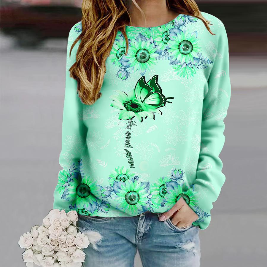 Tops For Women Butterfly Sunflower Print Round Neck Long Sleeve T-shirt Fall Casual Slim Pullover Women's Long Sleeve Top
