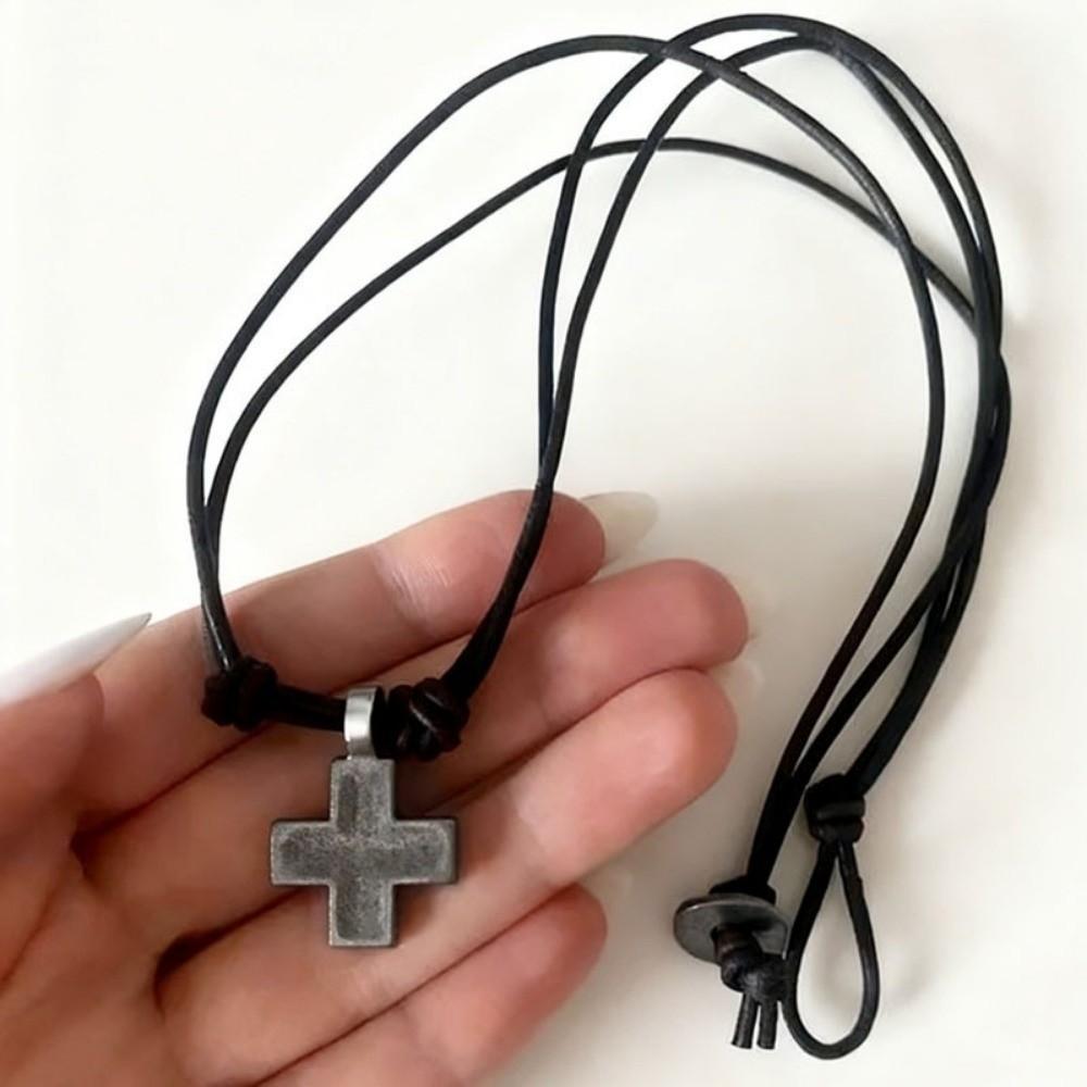 Handmade Craft Rope Leather Necklace Retro Braided Cross Necklace Cross Pendant Necklace Unisex
