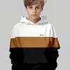 Boys' 3D Printed Hooded Sweatshirt - Contrasting White/beige/brown/black Pullover, Machine Washable Long Sleeved Sweater