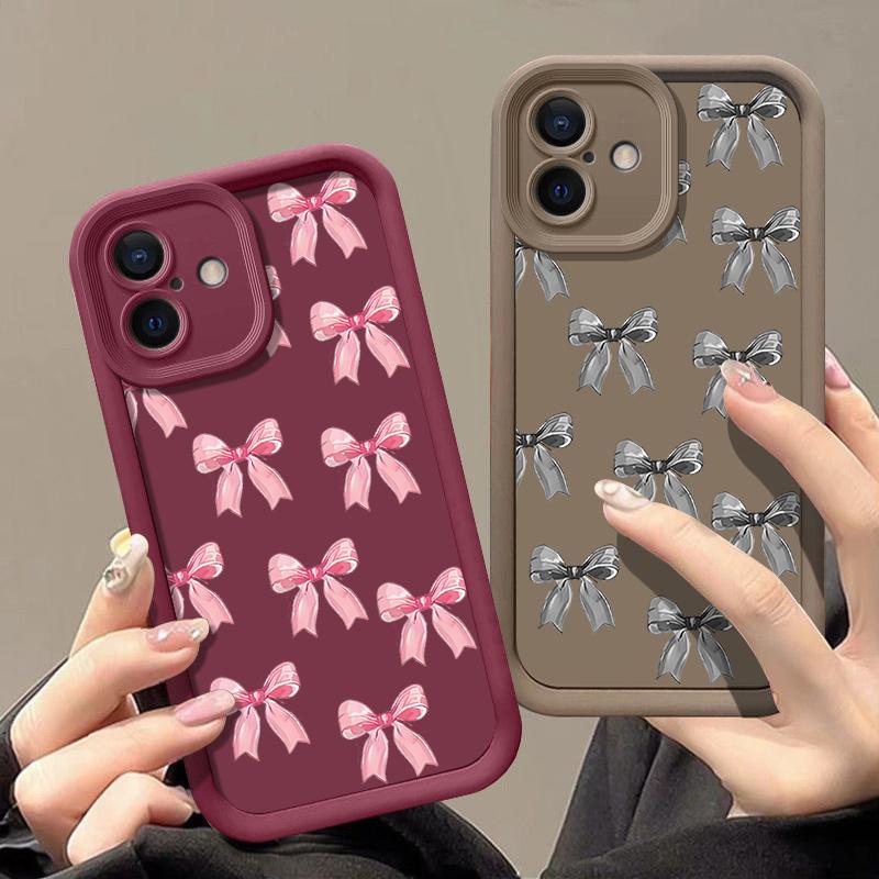 Мягкий чехол с однотонным бантом для iPhone 16 Pro Max 15 Pro 14 13 12 11 XS XR 8 7, матовый силиконовый противоударный чехол для защиты линз из ТПУ
