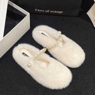 Модные зимние новые тапочки Baotou женские модные замшевые туфли с круглым носком и неглубокой металлической цепочкой на мягкой подошве с нескользящей подошвой