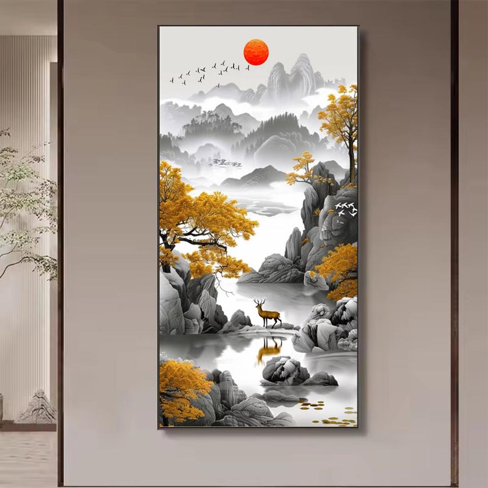 New Arrivals 5D Diamond Painting Art Golden Waterfall Tree Moon Landscape Picture Full Diamond Mosaic Embroidery Rhinestone